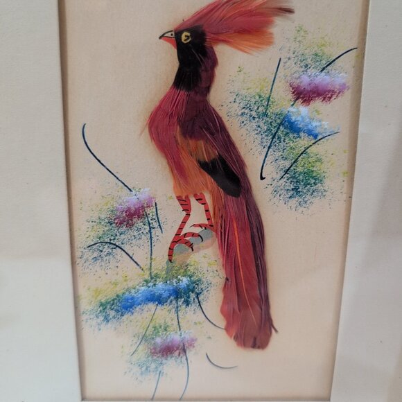 VINTAGE Art Deco Feathercraft Feather Bird Art Framed Set Of 3 - Picture 7 of 10